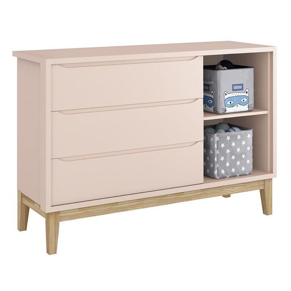 Dormitório Classic 3 Portas Rosa Com Pés Madeira Natural E Colchão D18 Branco - Reller Móveis Rosa - 2