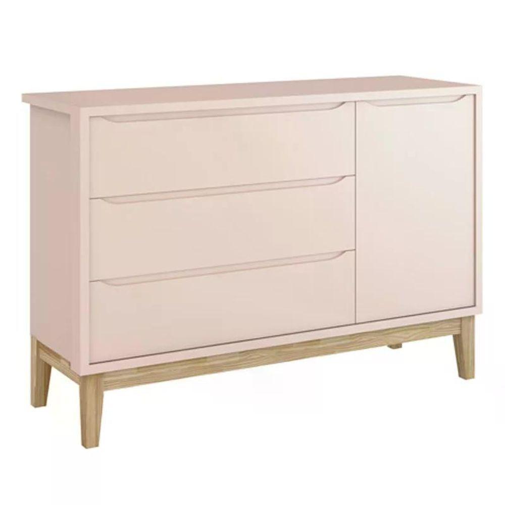 Dormitório Classic 3 Portas Rosa Com Pés Madeira Natural E Colchão D18 Branco - Reller Móveis Rosa - 5