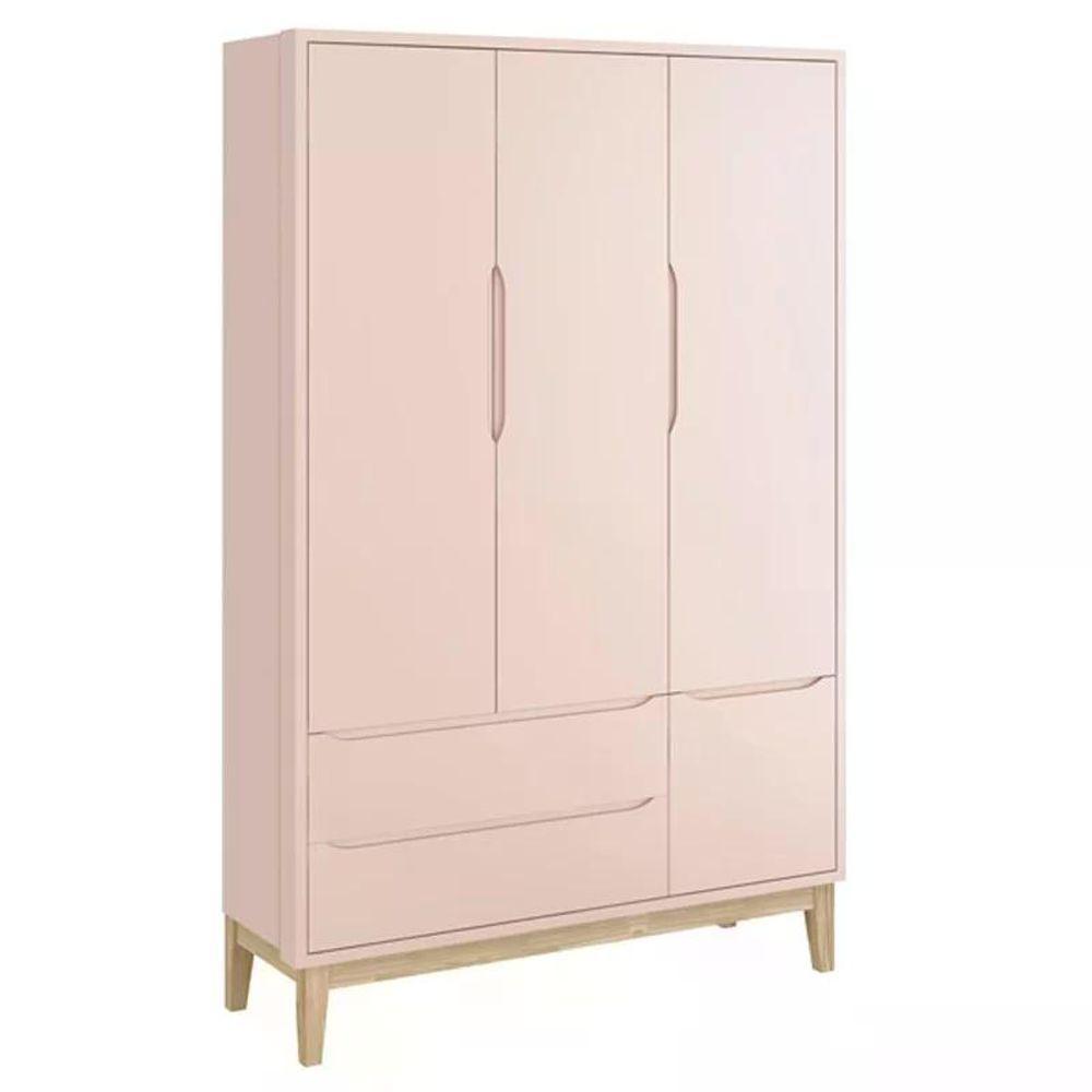 Dormitório Classic 3 Portas Rosa Com Pés Madeira Natural E Colchão D18 Branco - Reller Móveis Rosa - 7