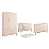 Dormitório Classic 3 Portas Rosa Com Pés Madeira Natural E Colchão D18 Branco - Reller Móveis Rosa - 1