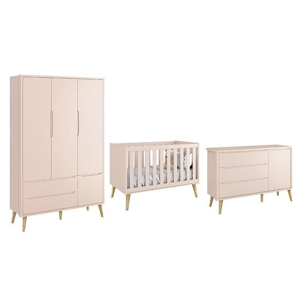 Dormitório Theo 3 Portas Rosa Com Pés Madeira Natural - Reller Móveis Rosa - 1