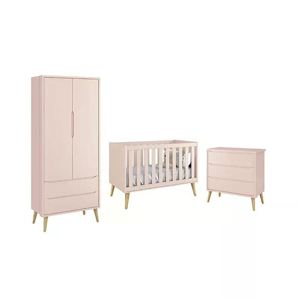 Dormitório Theo 2 Portas Rosa Com Pés Madeira Natural - Reller Móveis Rosa - 1