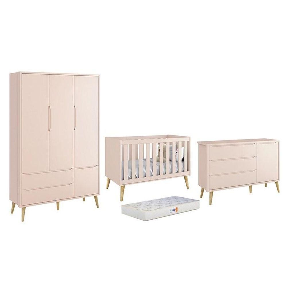 Dormitório Theo 3 Portas Rosa Com Pés Madeira Natural E Colchão D18 Branco - Reller Móveis Rosa - 1