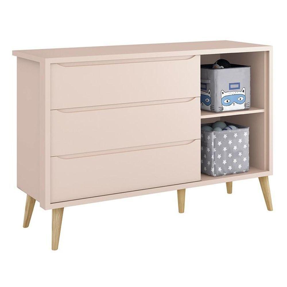 Dormitório Theo 3 Portas Rosa Com Pés Madeira Natural E Colchão D18 Branco - Reller Móveis Rosa - 5