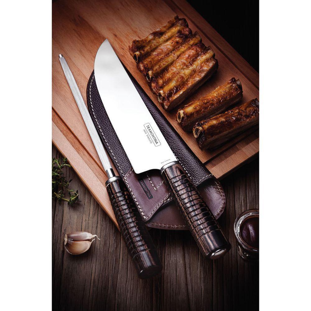 Jogo para Churrasco Tramontina Aço Inox Cabos em Madeira Polywood Castanho Bainha de Couro e Estojo de Madeira 2 Peças - 3