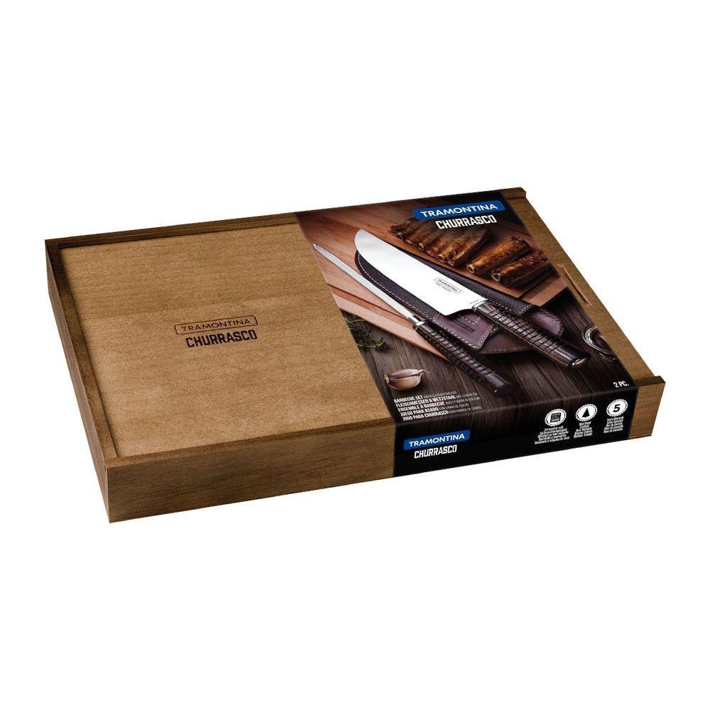 Jogo para Churrasco Tramontina Aço Inox Cabos em Madeira Polywood Castanho Bainha de Couro e Estojo de Madeira 2 Peças - 4