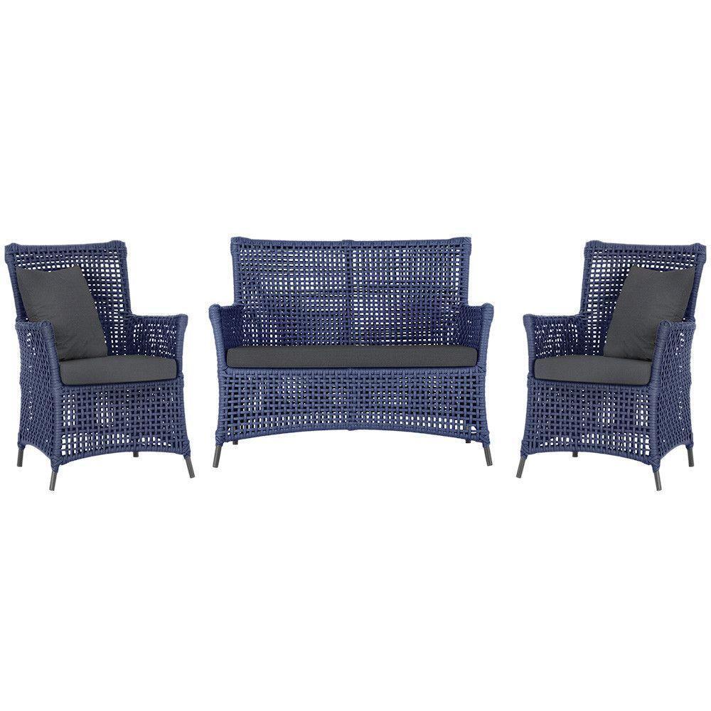 Jogo Sofá E 2 Poltronas Igapó Alumínio Preta E11 Trama Azul - 1