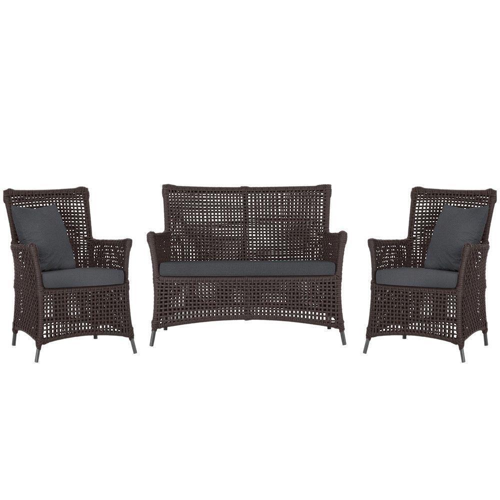 Jogo Sofá E 2 Poltronas Igapó Alumínio Preta E11 Trama Marrom - 1