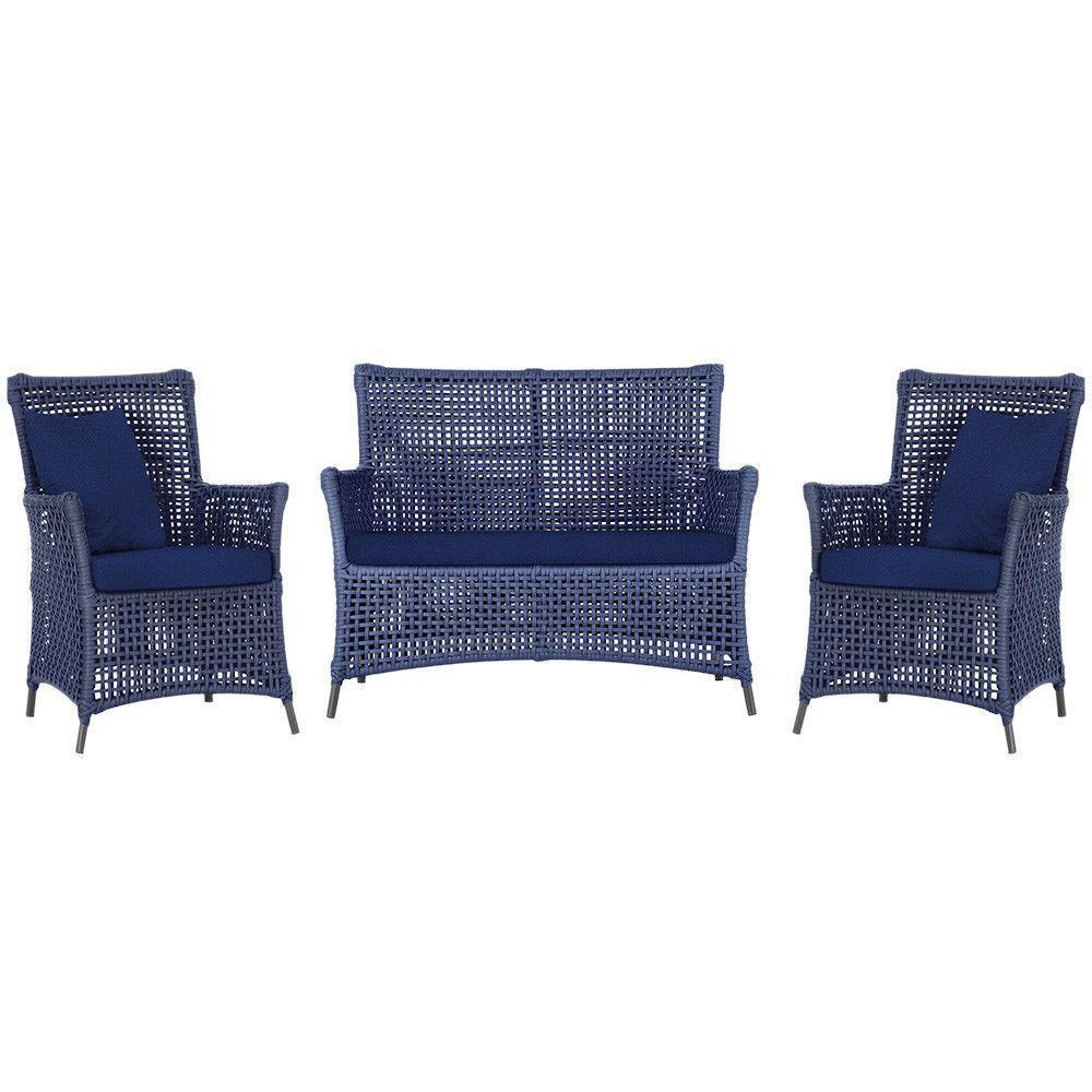 Jogo Sofá E 2 Poltronas Igapó Alumínio Preta E10 Trama Azul - 1