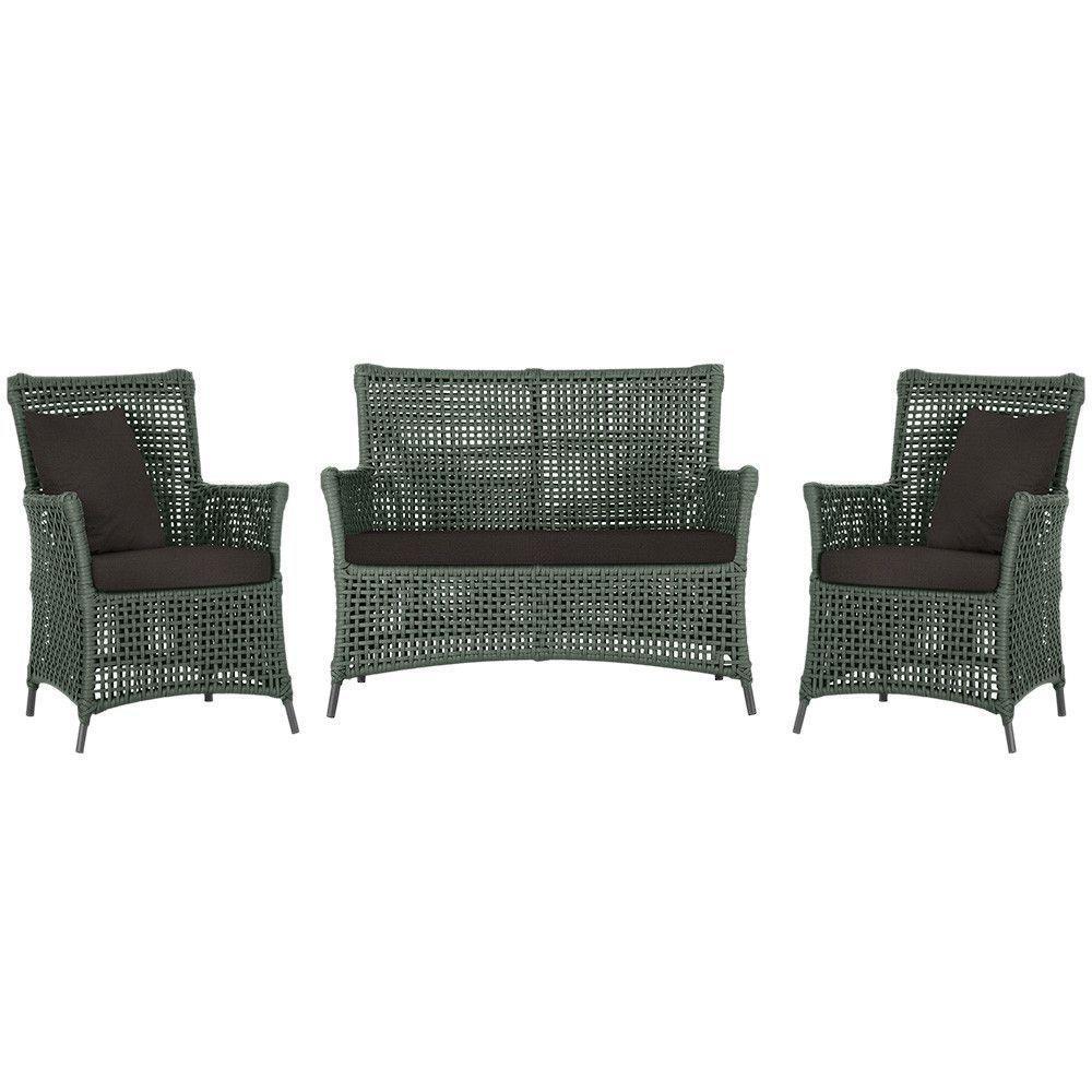 Jogo Sofá E 2 Poltronas Igapó Alumínio Preta E9 Trama Verde - 1