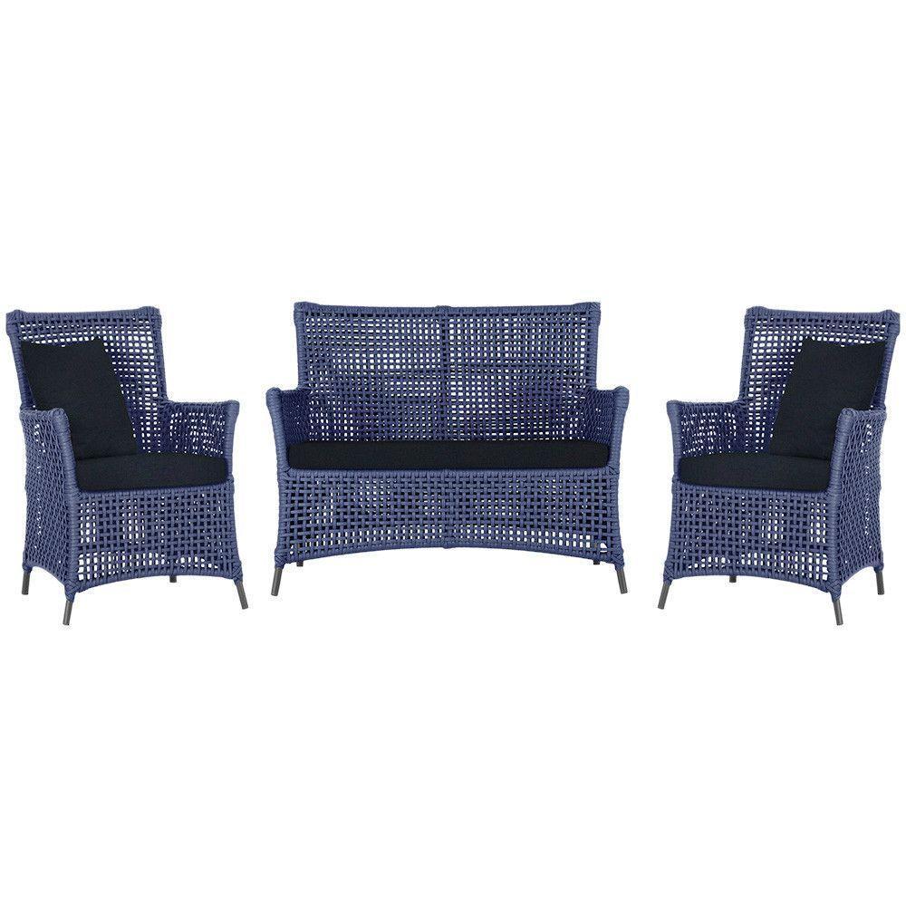 Jogo Sofá E 2 Poltronas Igapó Alumínio Preta E12 Trama Azul - 5