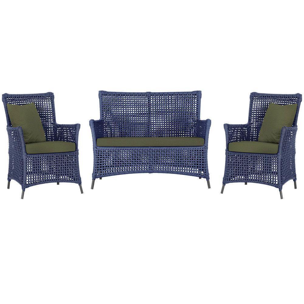 Jogo Sofá E 2 Poltronas Igapó Alumínio Preta E13 Trama Azul - 1