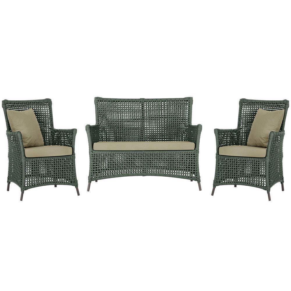 Jogo Sofá E 2 Poltronas Igapó Alumínio Marrom E7 Trama Verde - 1