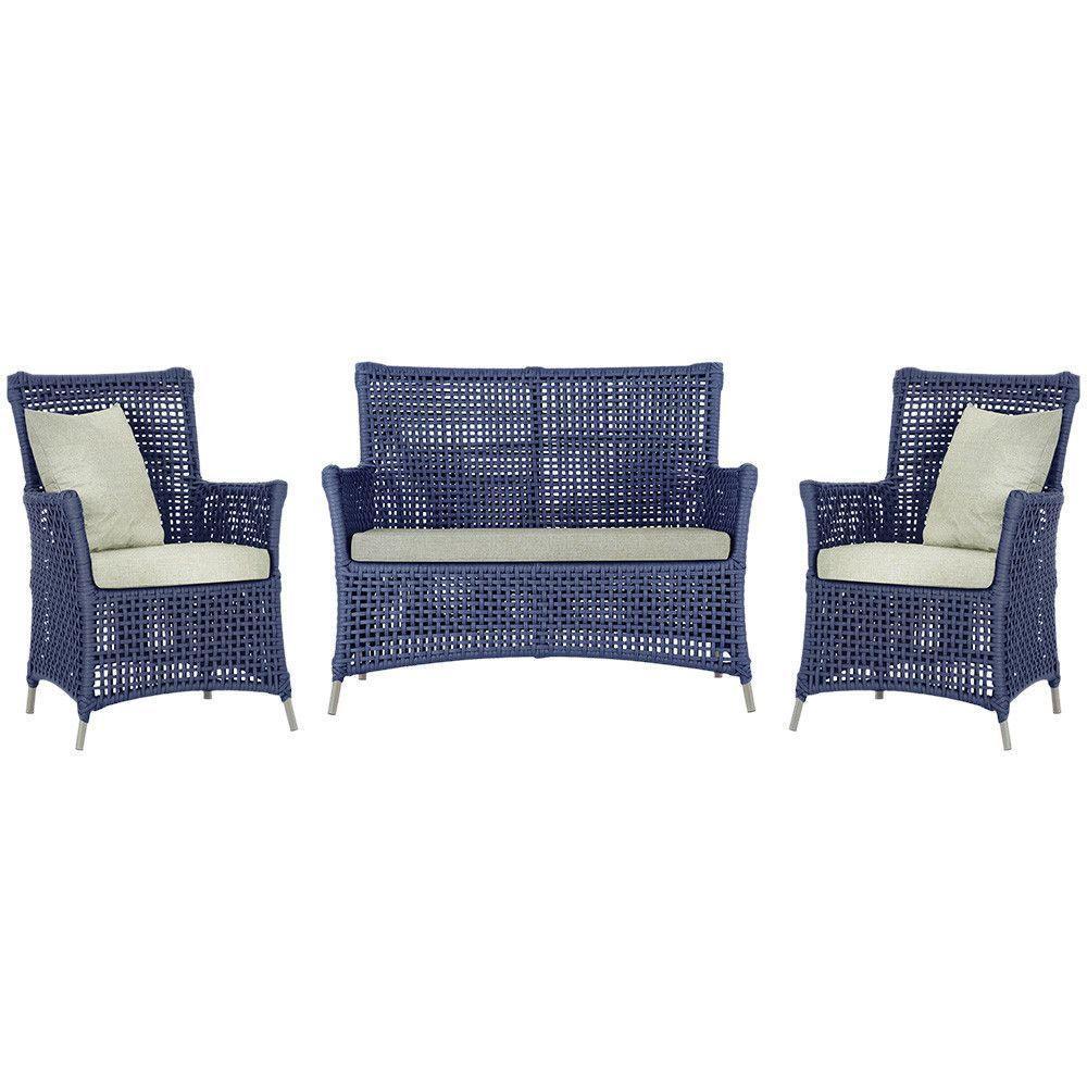 Jogo Sofá E 2 Poltronas Igapó Alumínio Fendi E3 Trama Azul - 1