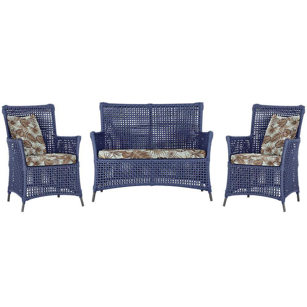 Jogo Sofá E 2 Poltronas Igapó Alumínio Preta E6 Trama Azul - 1