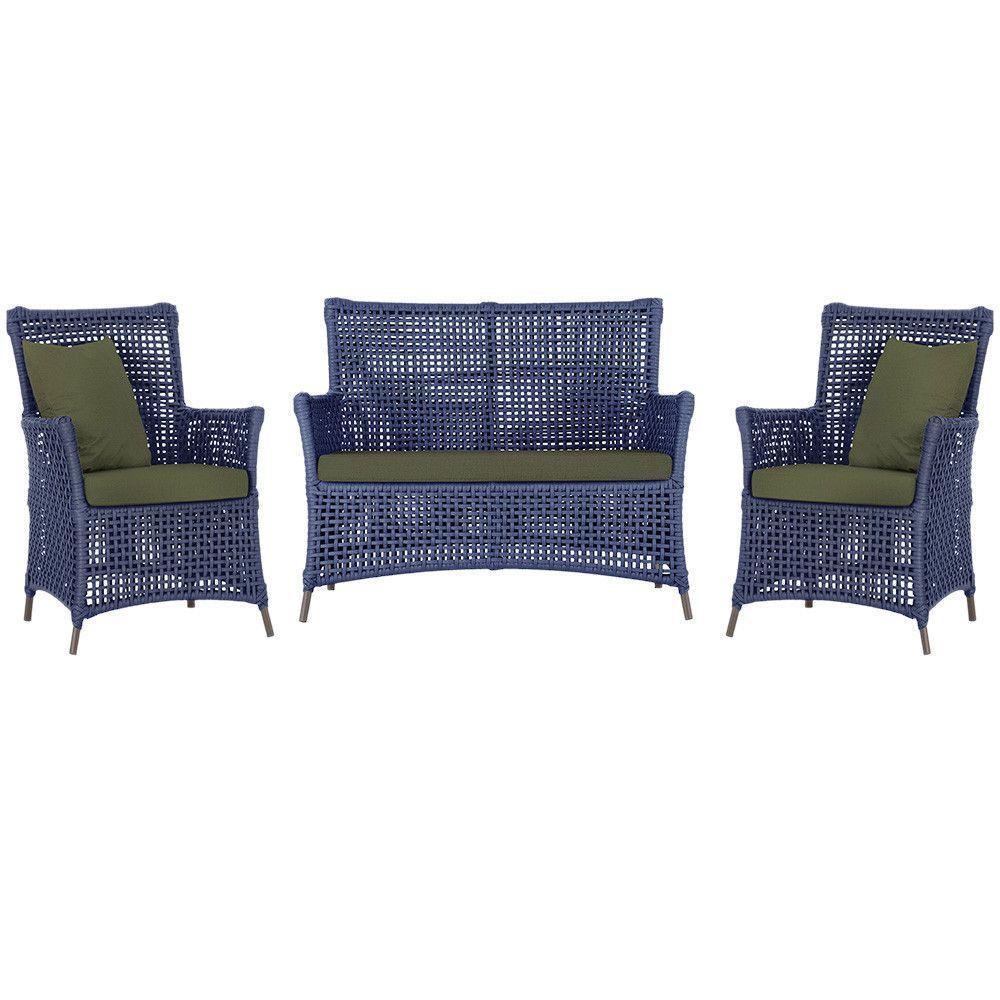 Jogo Sofá E 2 Poltronas Igapó Alumínio Marrom E13 Trama Azul - 1