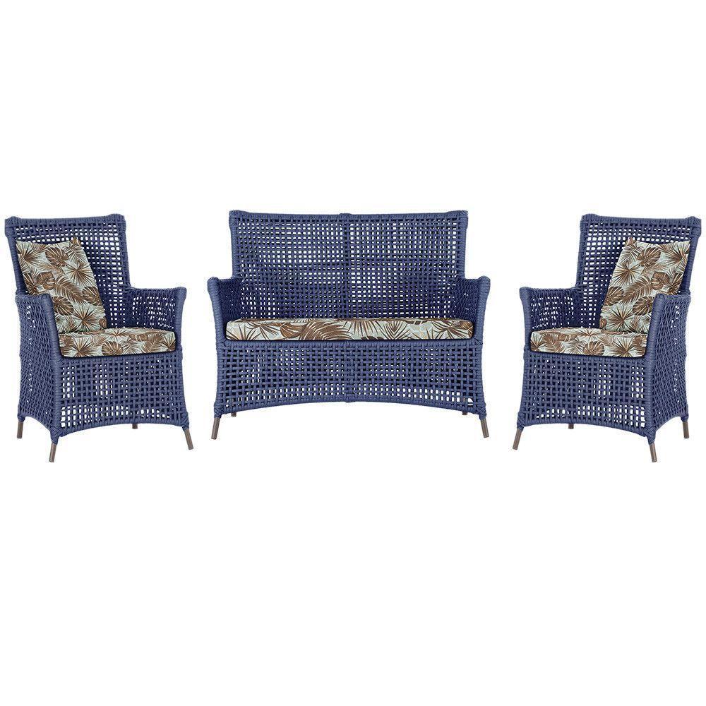 Jogo Sofá E 2 Poltronas Igapó Alumínio Marrom E6 Trama Azul - 1