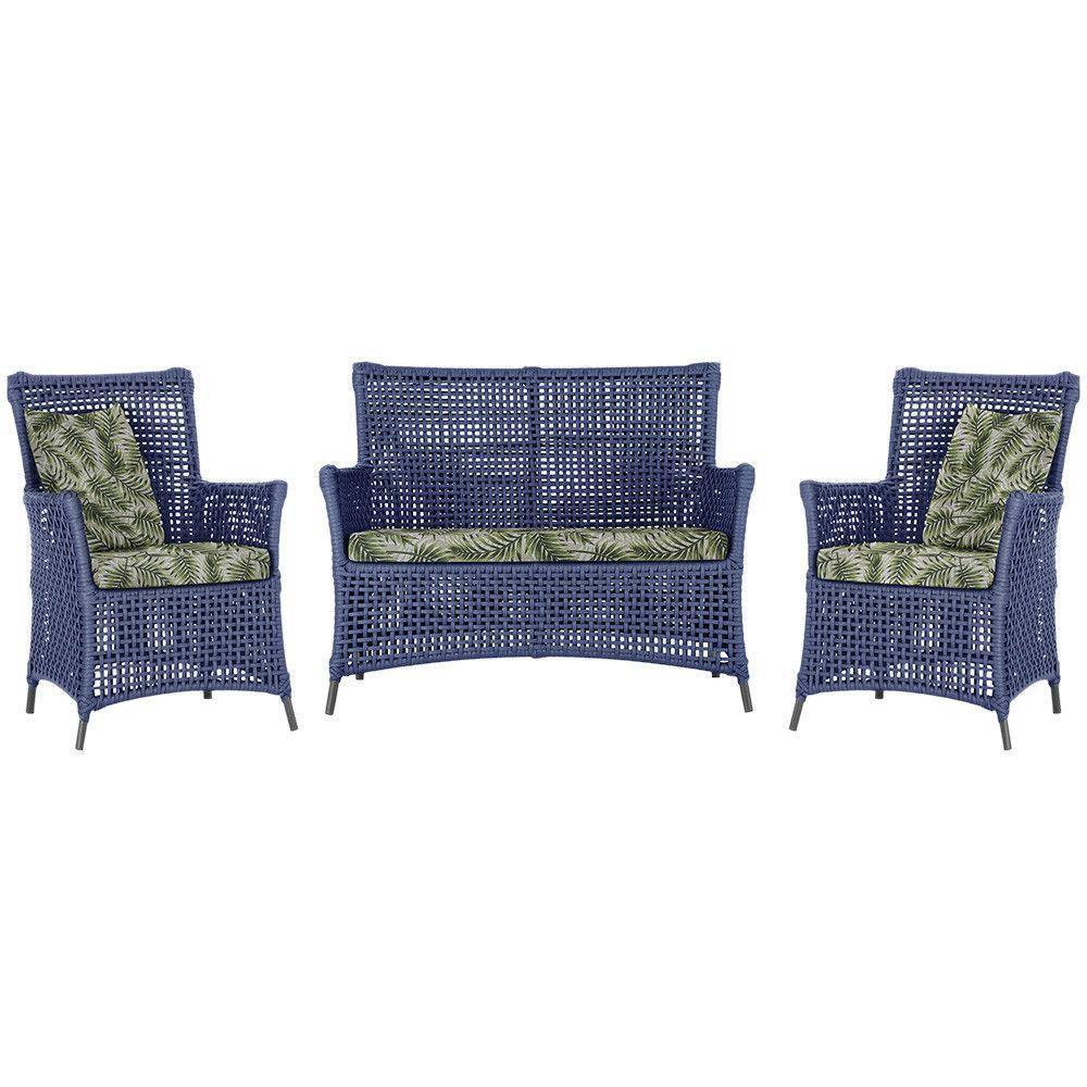 Jogo Sofá E 2 Poltronas Igapó Alumínio Preta E5 Trama Azul - 1