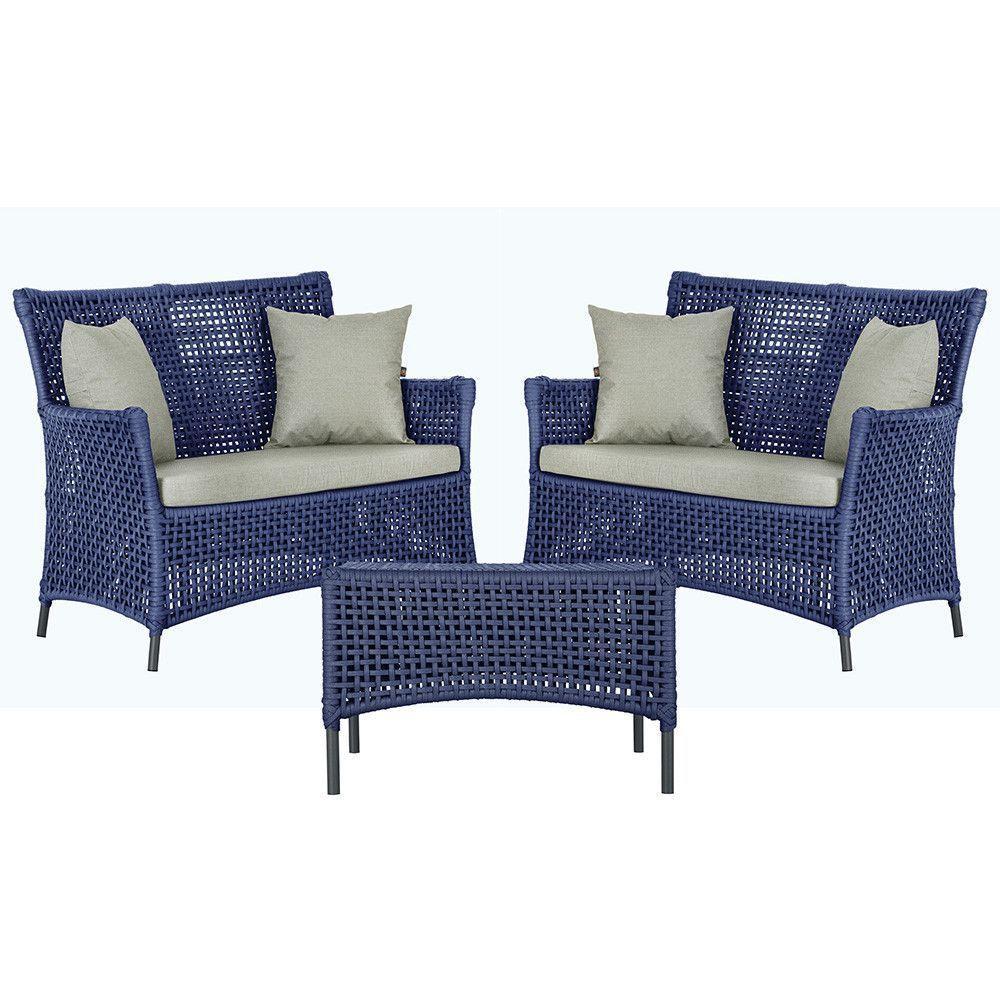 2 Sofás E Mesa Igapó Alumínio Preta Corda Náutica E3 Trama Azul - 1