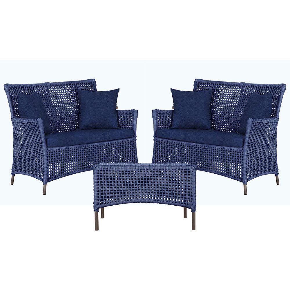 2 Sofás E Mesa Igapó Alumínio Marrom Corda Náutica E10 Trama Azul - 1