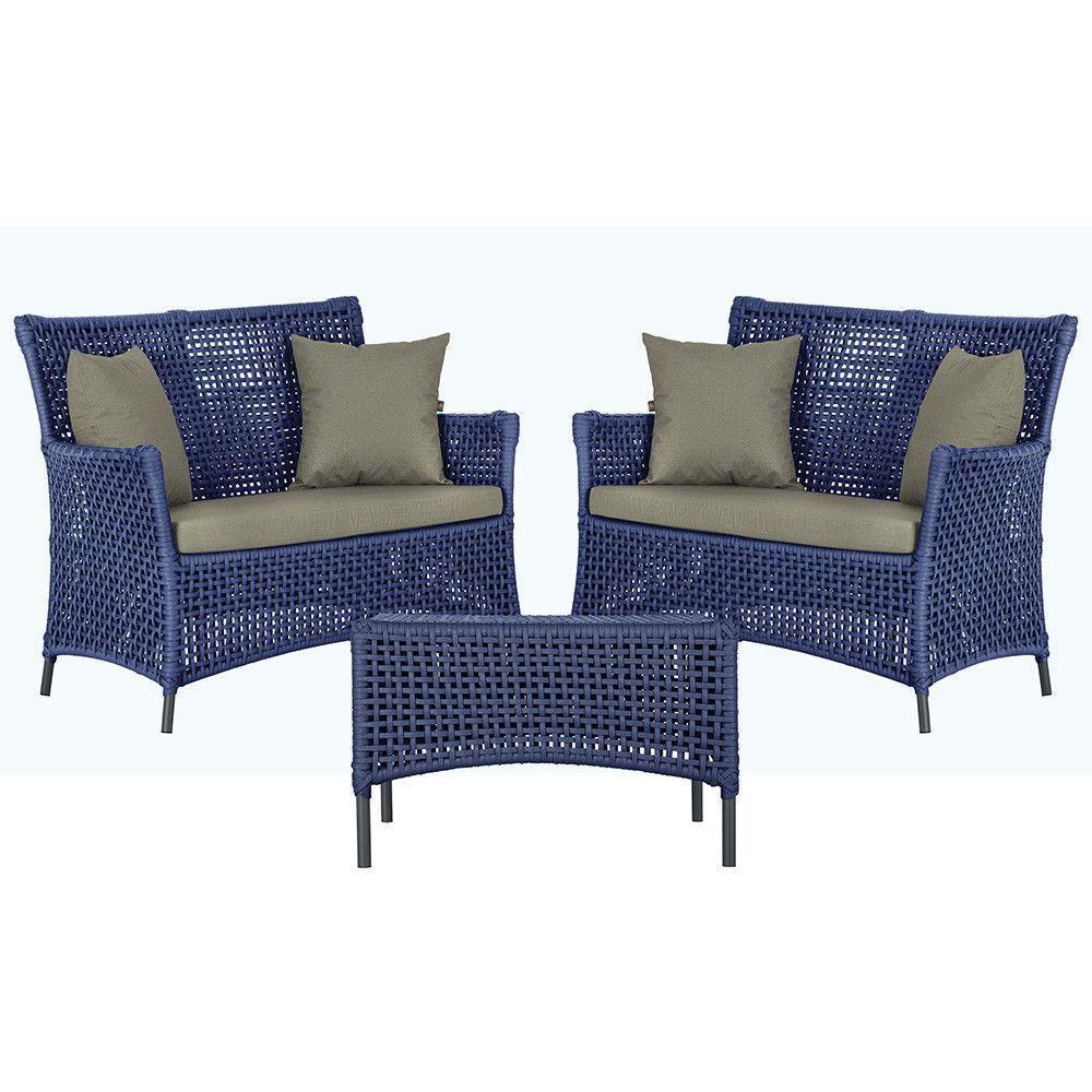 2 Sofás E Mesa Igapó Alumínio Preta Corda Náutica E8 Trama Azul - 1