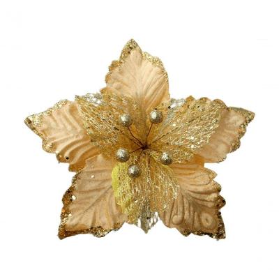 Kit 2 Flores Artificial Glitter Enfeite Dourado Natal 25cm
