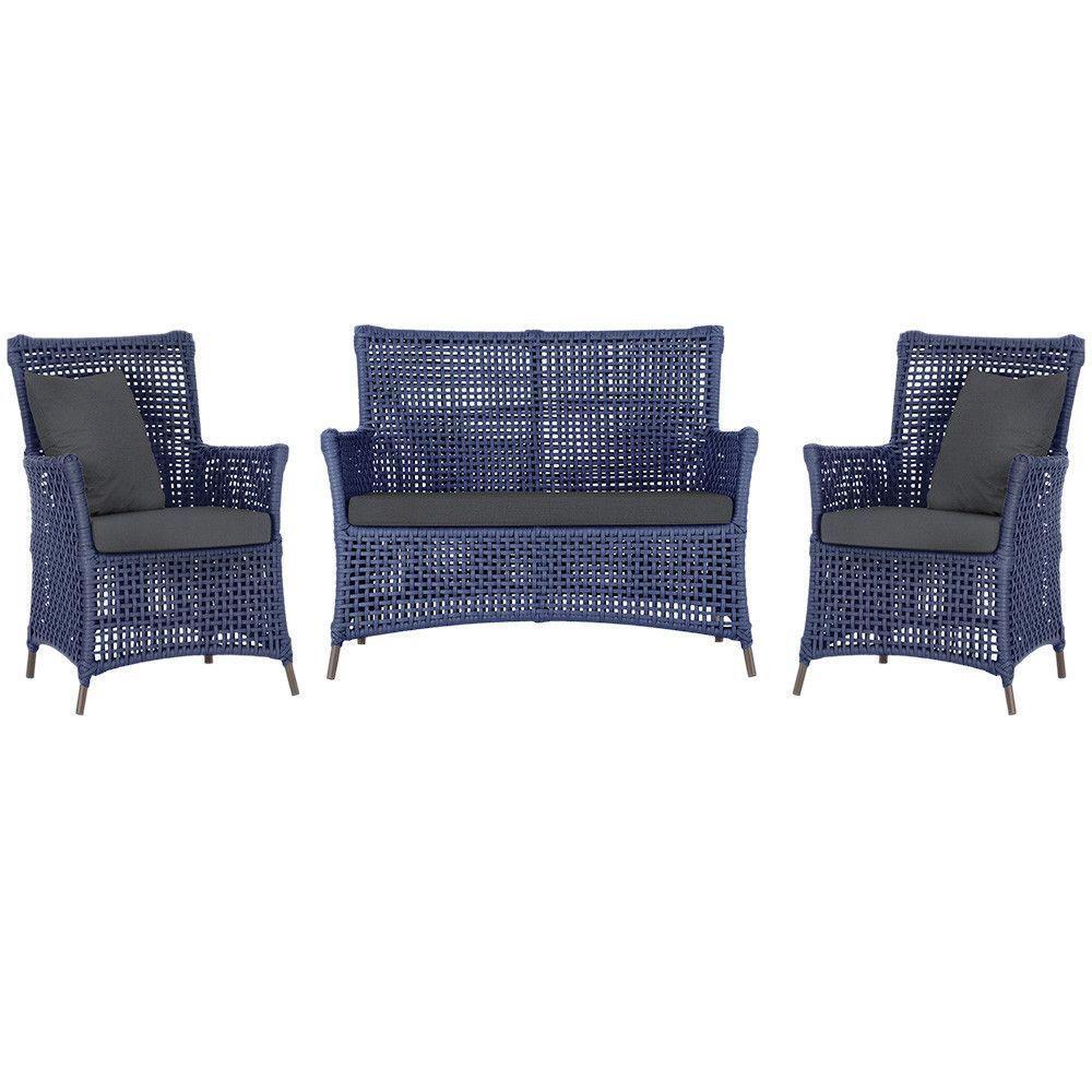 Jogo Sofá E 2 Poltronas Igapó Alumínio Marrom E11 Trama Azul - 1