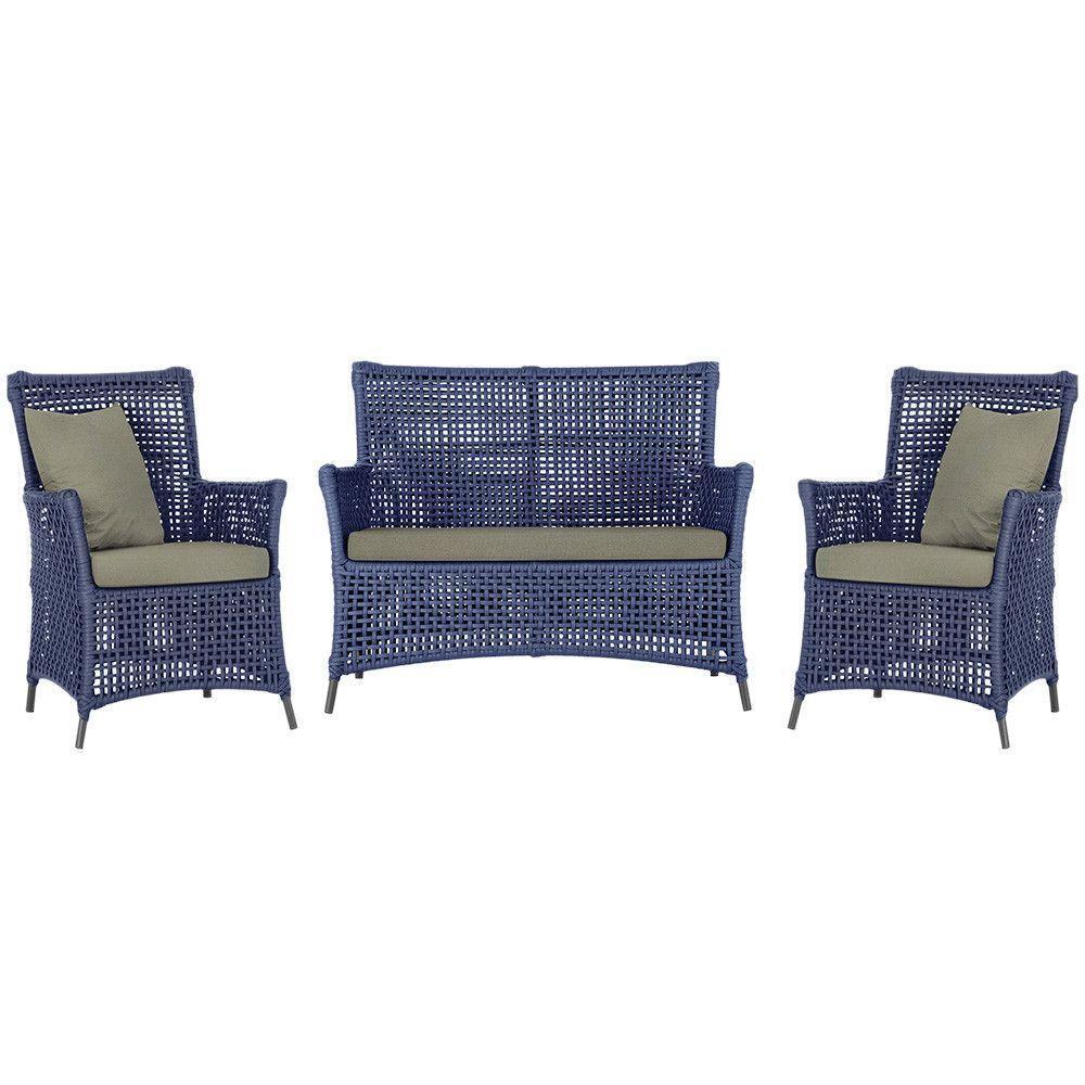 Jogo Sofá E 2 Poltronas Igapó Alumínio Preta E8 Trama Azul - 1