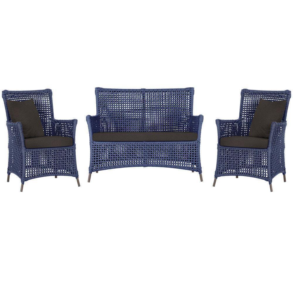 Jogo Sofá E 2 Poltronas Igapó Alumínio Marrom E9 Trama Azul - 1