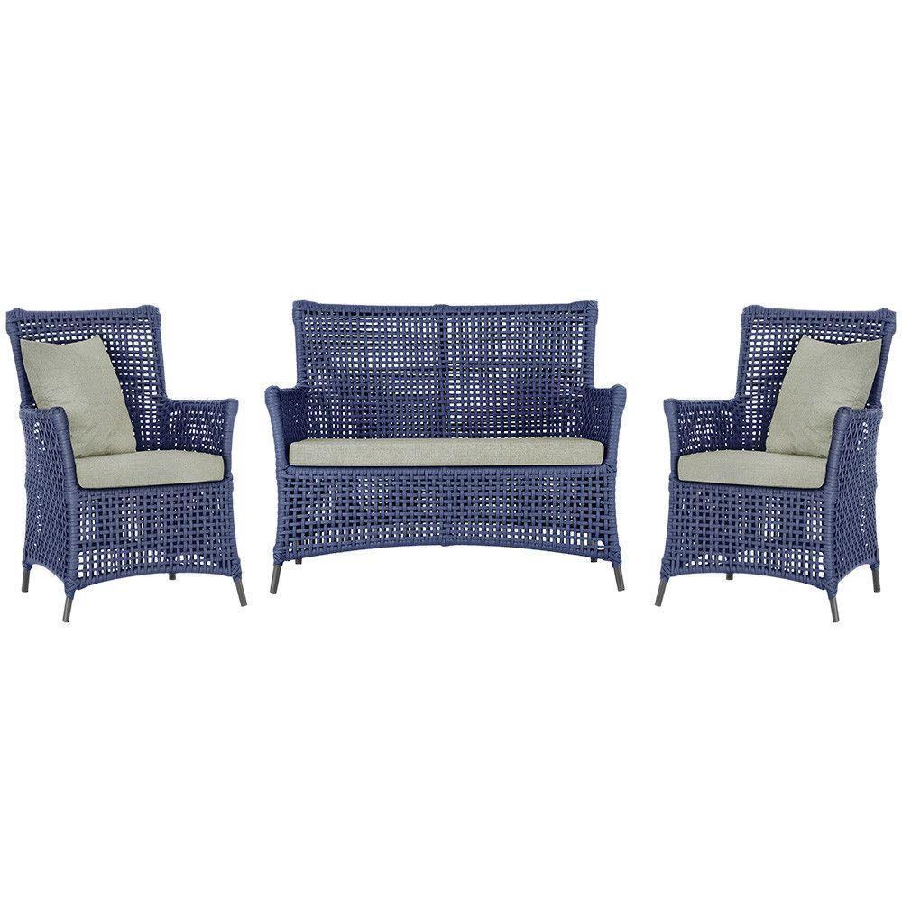 Jogo Sofá E 2 Poltronas Igapó Alumínio Preta E3 Trama Azul - 1