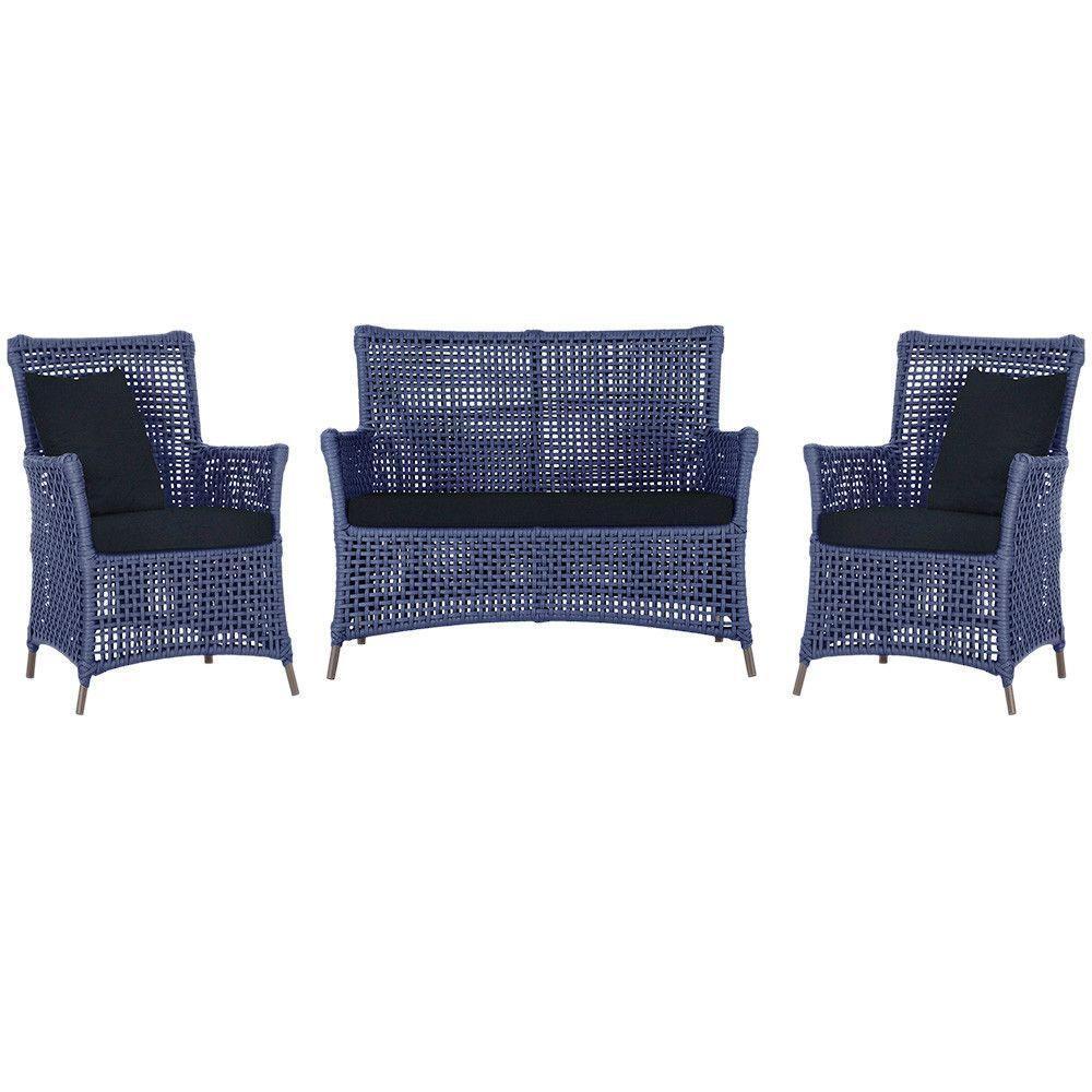 Jogo Sofá E 2 Poltronas Igapó Alumínio Marrom E12 Trama Azul - 1