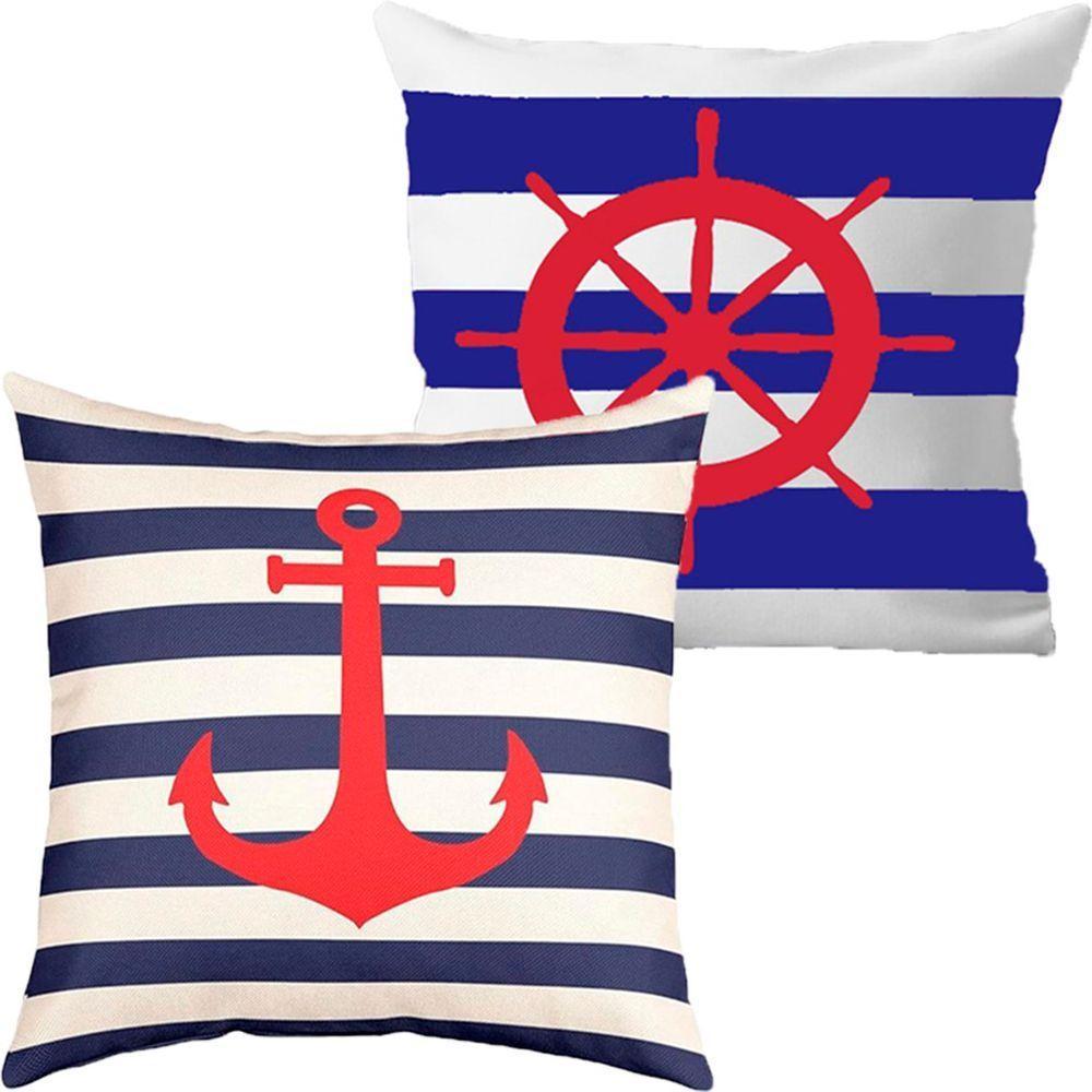 Kit 2 Capas De Almofadas âncora E Timão Vermelho Marítima - 1
