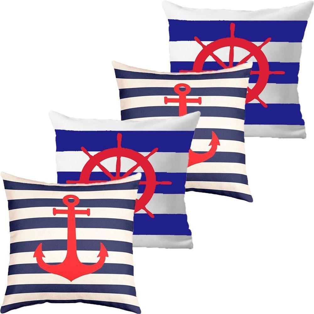 Kit 4 Capas De Almofadas âncora E Timão Vermelho Marítima - 1