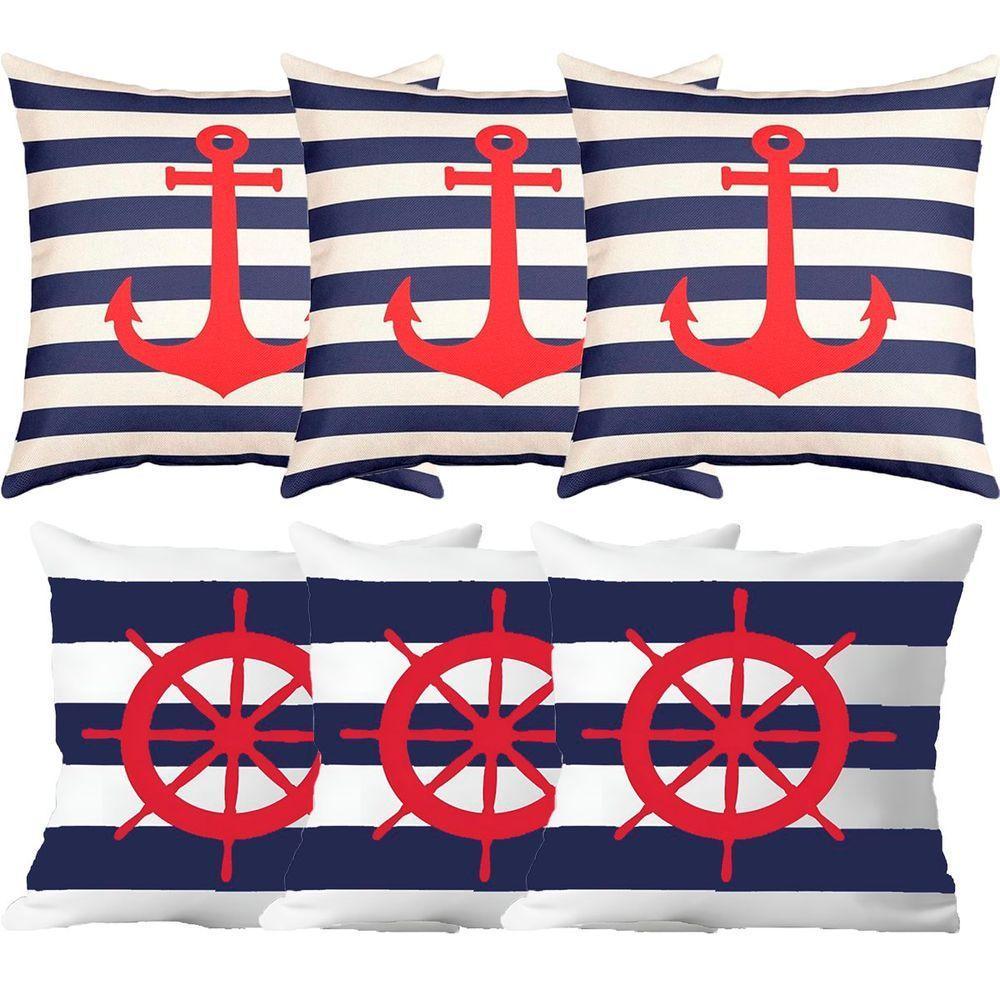 Kit 6 Capas De Almofadas âncora E Timão Vermelho Marítima - 1
