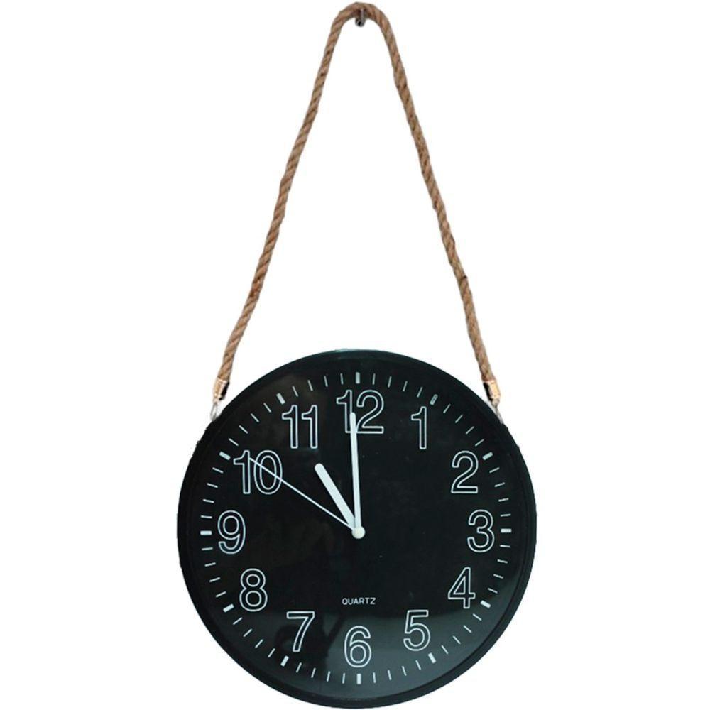 Relógio De Parede Black Quartz Redondo Com Corda De Sisal - 1