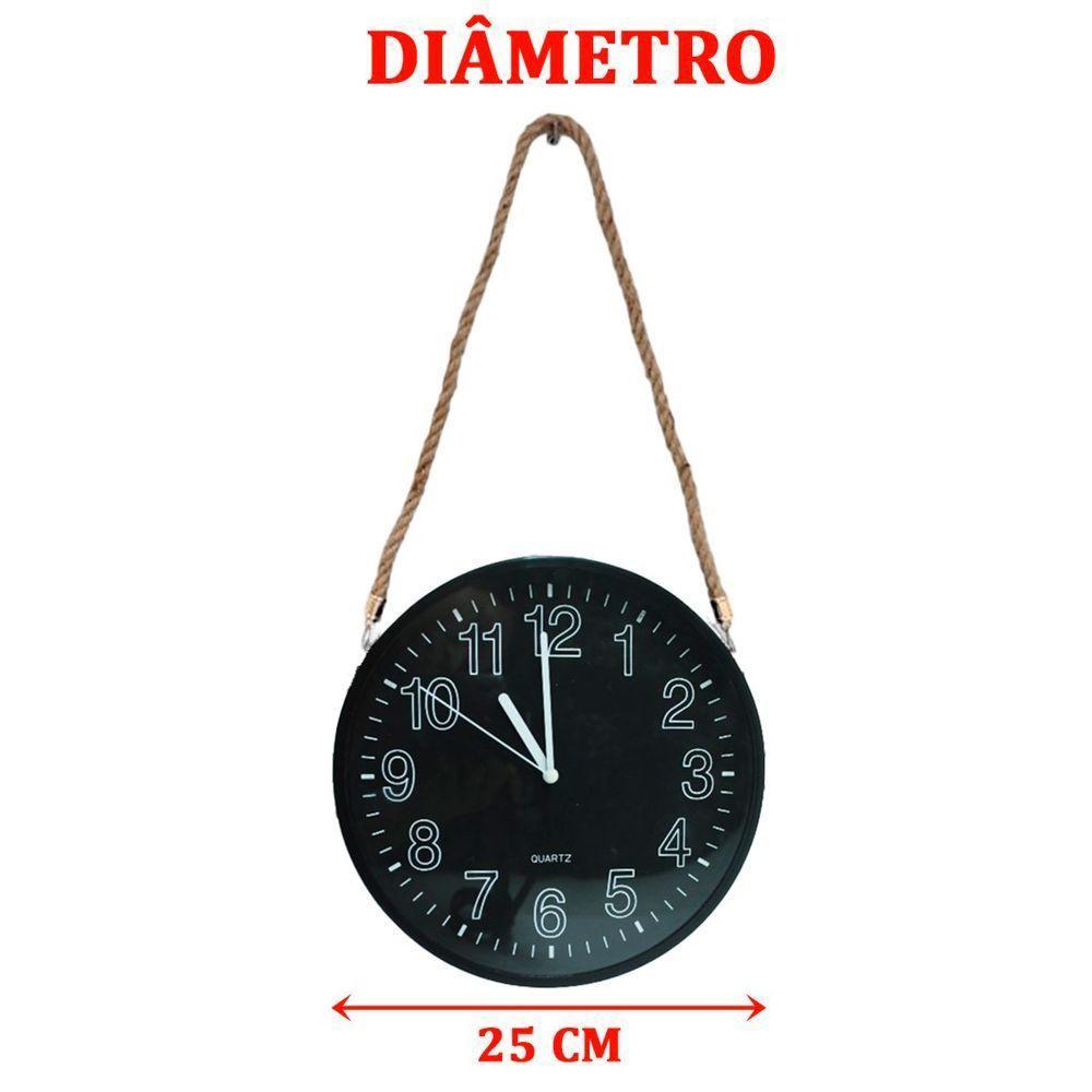 Relógio De Parede Black Quartz Redondo Com Corda De Sisal - 2