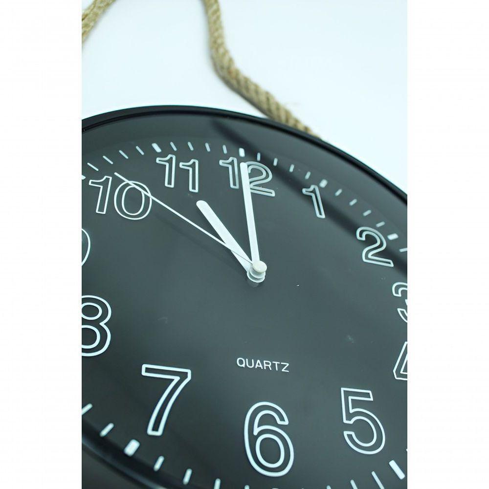 Relógio De Parede Black Quartz Redondo Com Corda De Sisal - 4