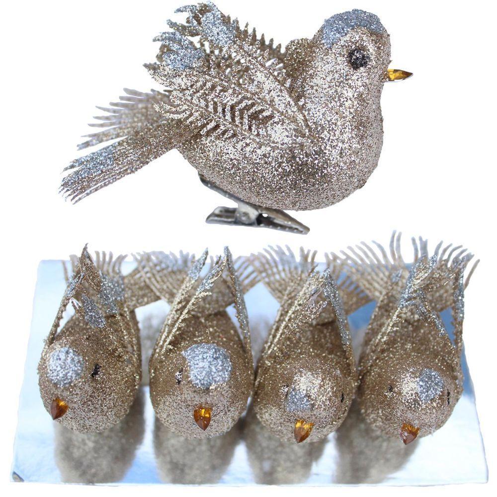 Kit 8 Decoração Natal Presilha Pássaro Com Glitter Bronze - 1