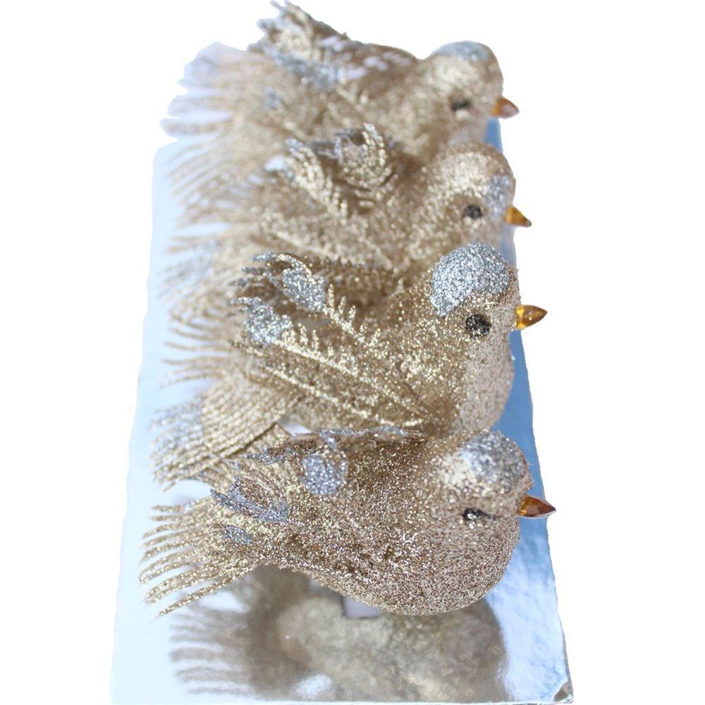 Kit 8 Decoração Natal Presilha Pássaro Com Glitter Bronze - 4
