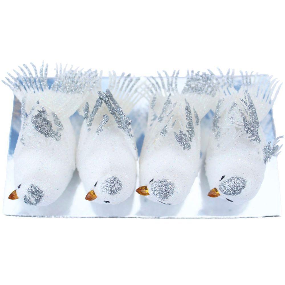 Kit 8 Decoração Natal Presilha Pássaro Branco Com Glitter - 4