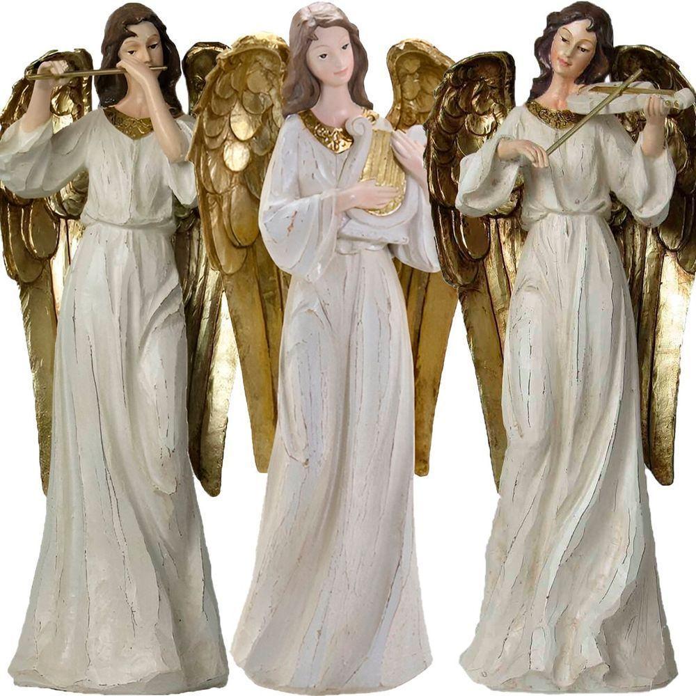 Trio Anjos Músicos Violino Flauta Harpa Em Resina Natal 38cm - 1