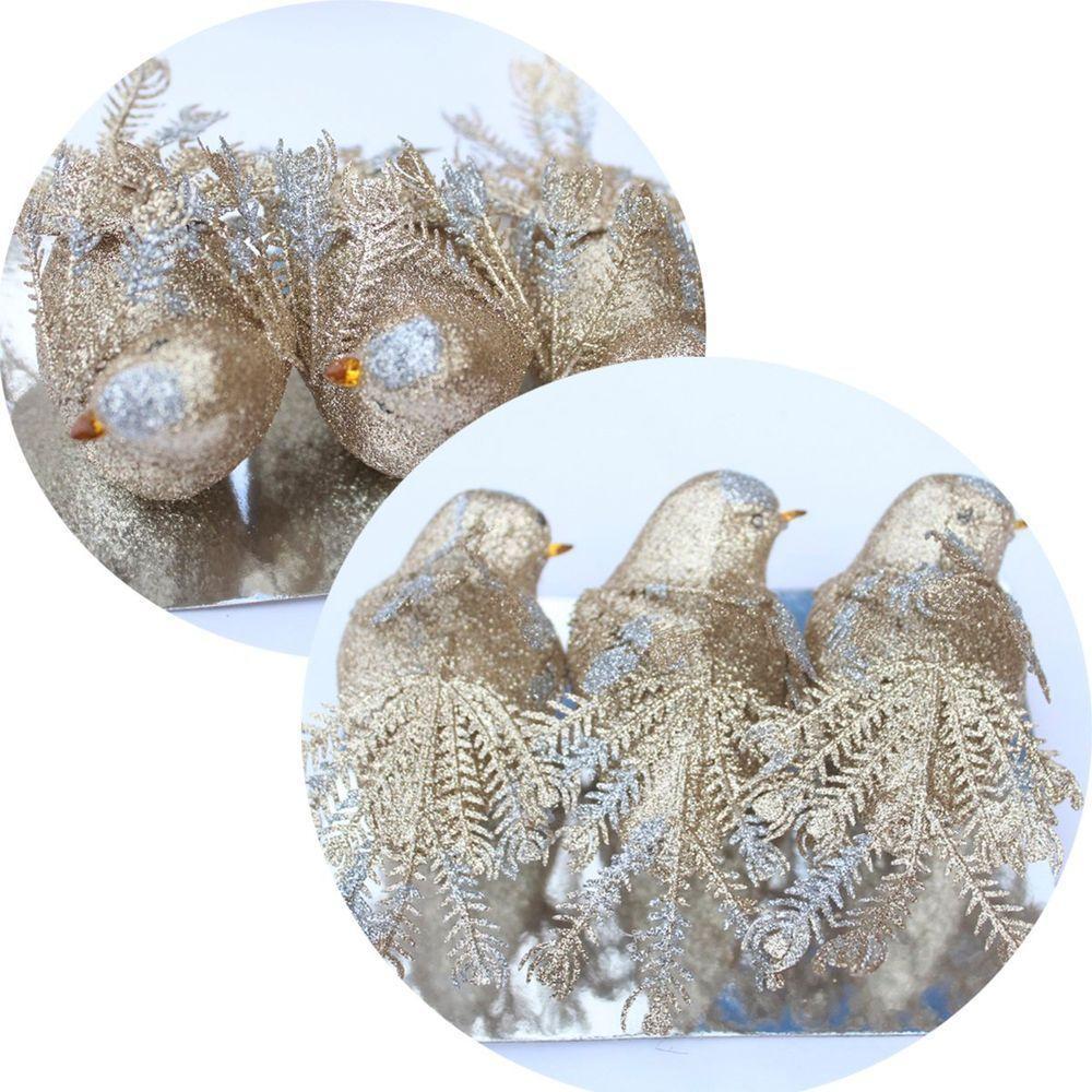 Kit 3 Decoração Natal Presilha Pássaro Com Glitter Bronze - 1