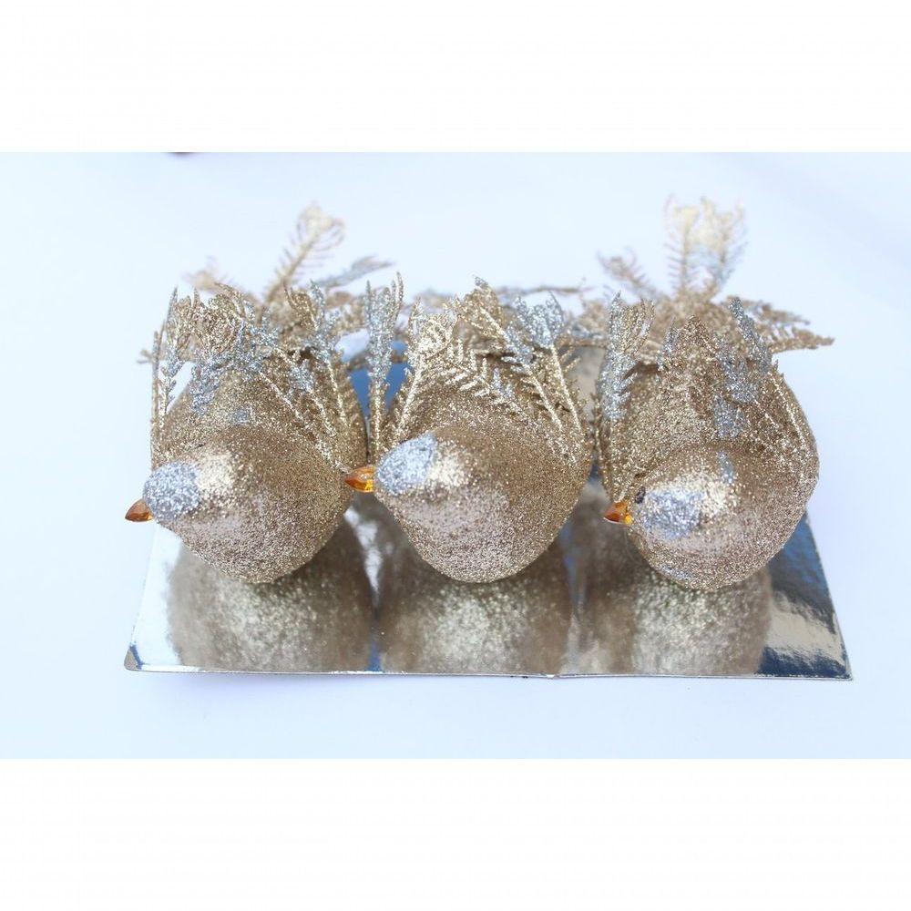 Kit 3 Decoração Natal Presilha Pássaro Com Glitter Bronze - 2