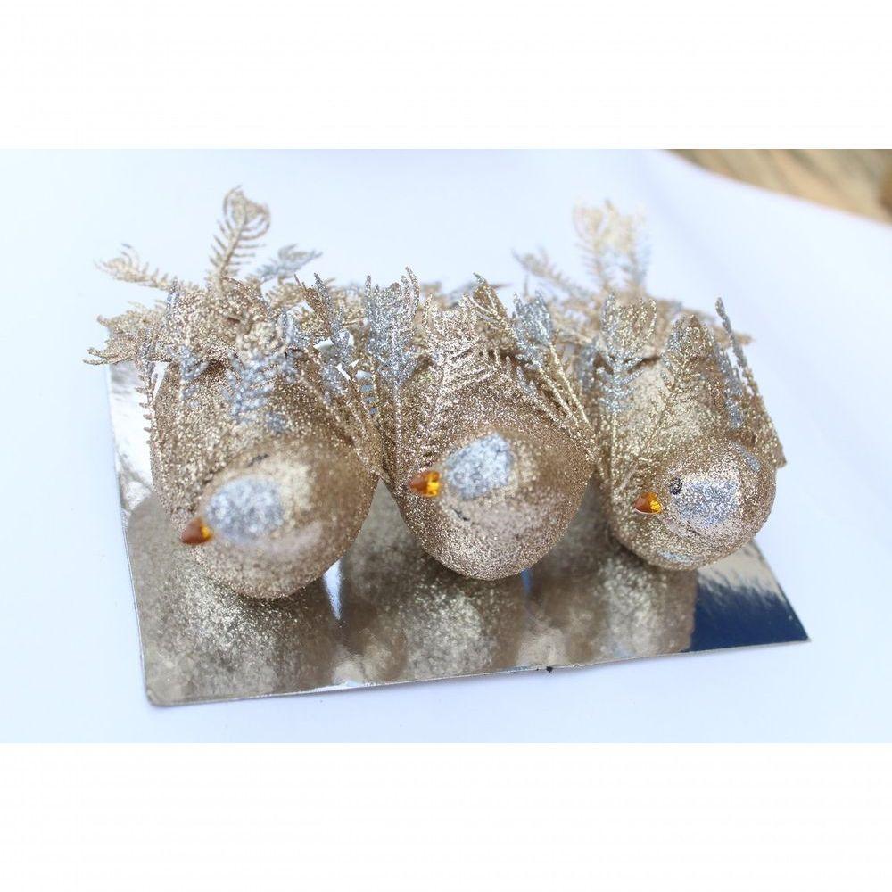 Kit 3 Decoração Natal Presilha Pássaro Com Glitter Bronze - 3