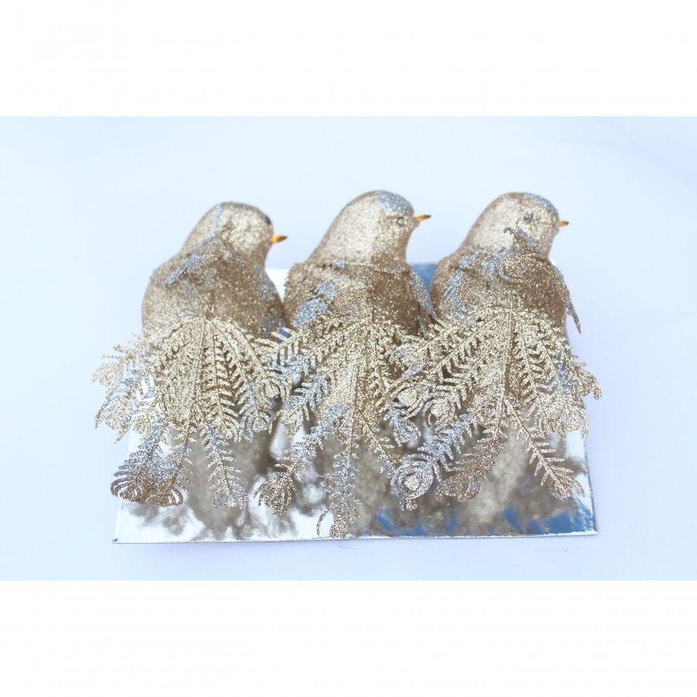 Kit 3 Decoração Natal Presilha Pássaro Com Glitter Bronze - 4