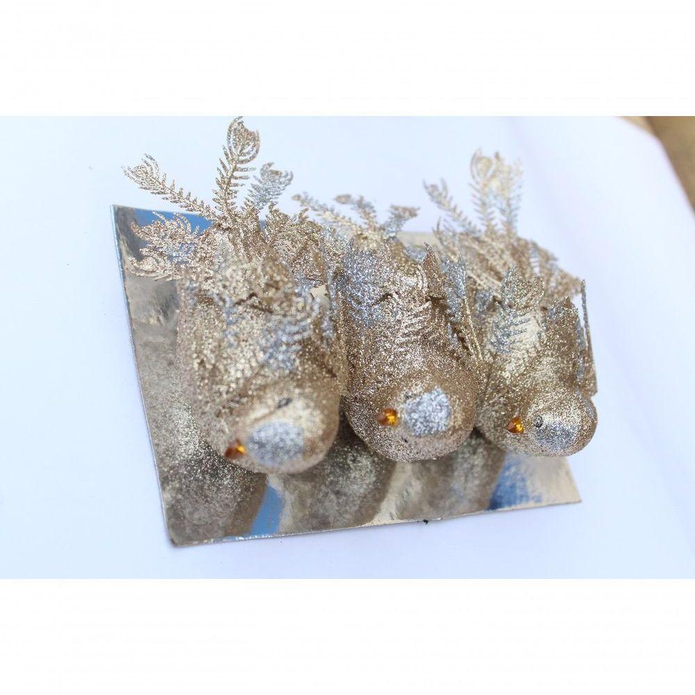 Kit 3 Decoração Natal Presilha Pássaro Com Glitter Bronze - 5