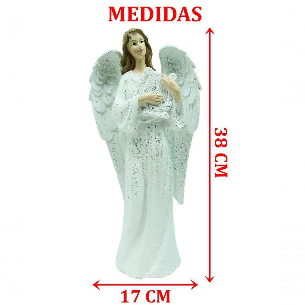 Decoração Anjo Musico Harpa Branco Resina Natal Enfeite 38cm - 2