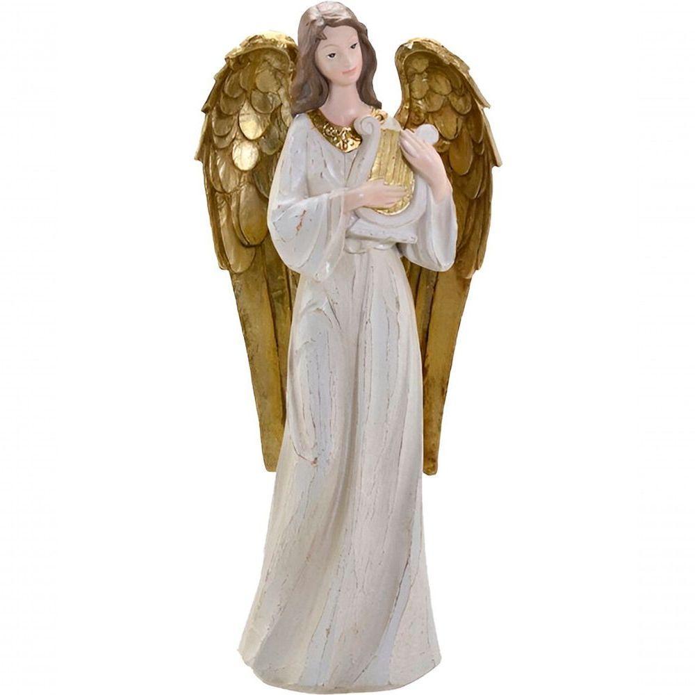 Decoração Anjo Musico Harpa Ouro Resina Natal Enfeite 38cm - 1