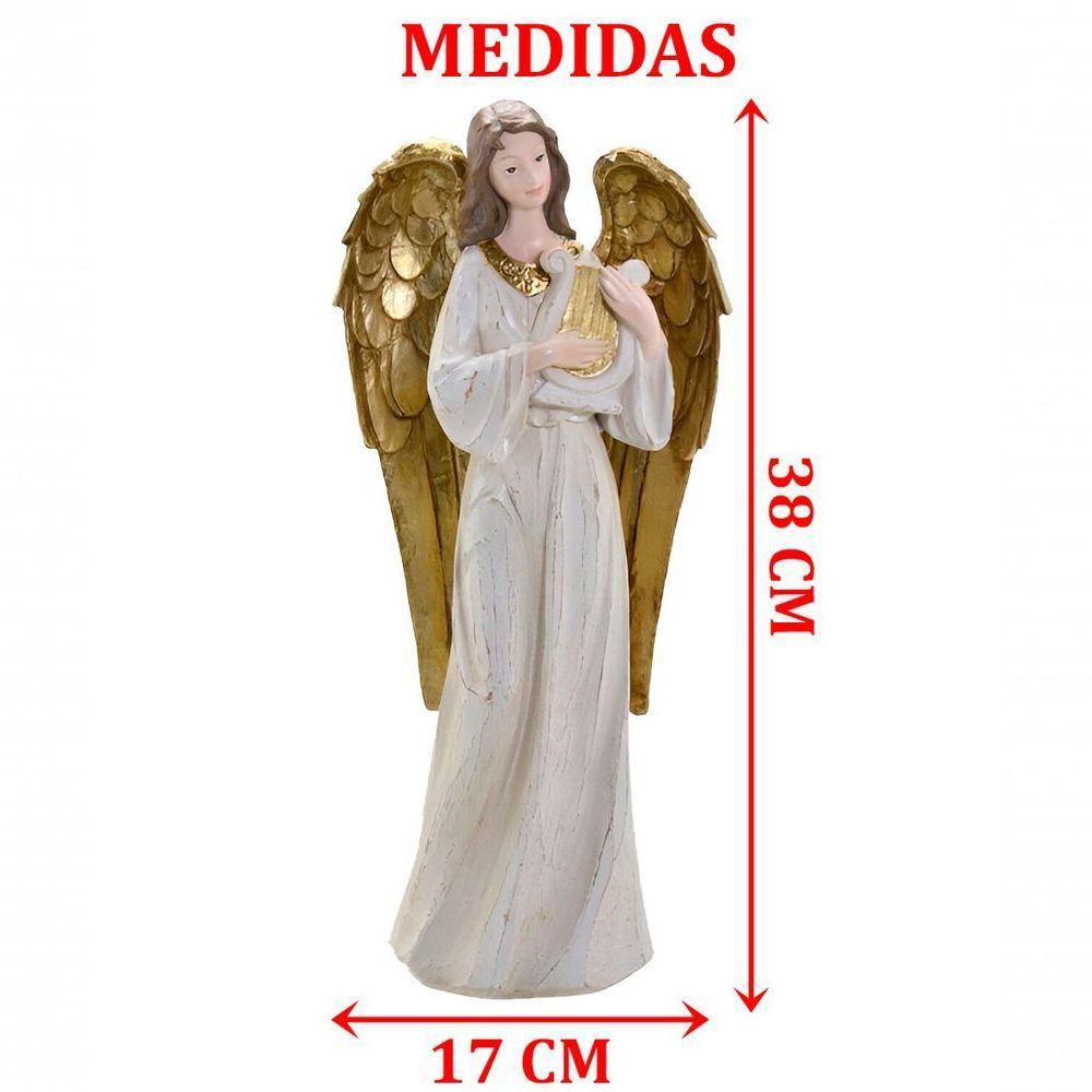 Decoração Anjo Musico Harpa Ouro Resina Natal Enfeite 38cm - 2