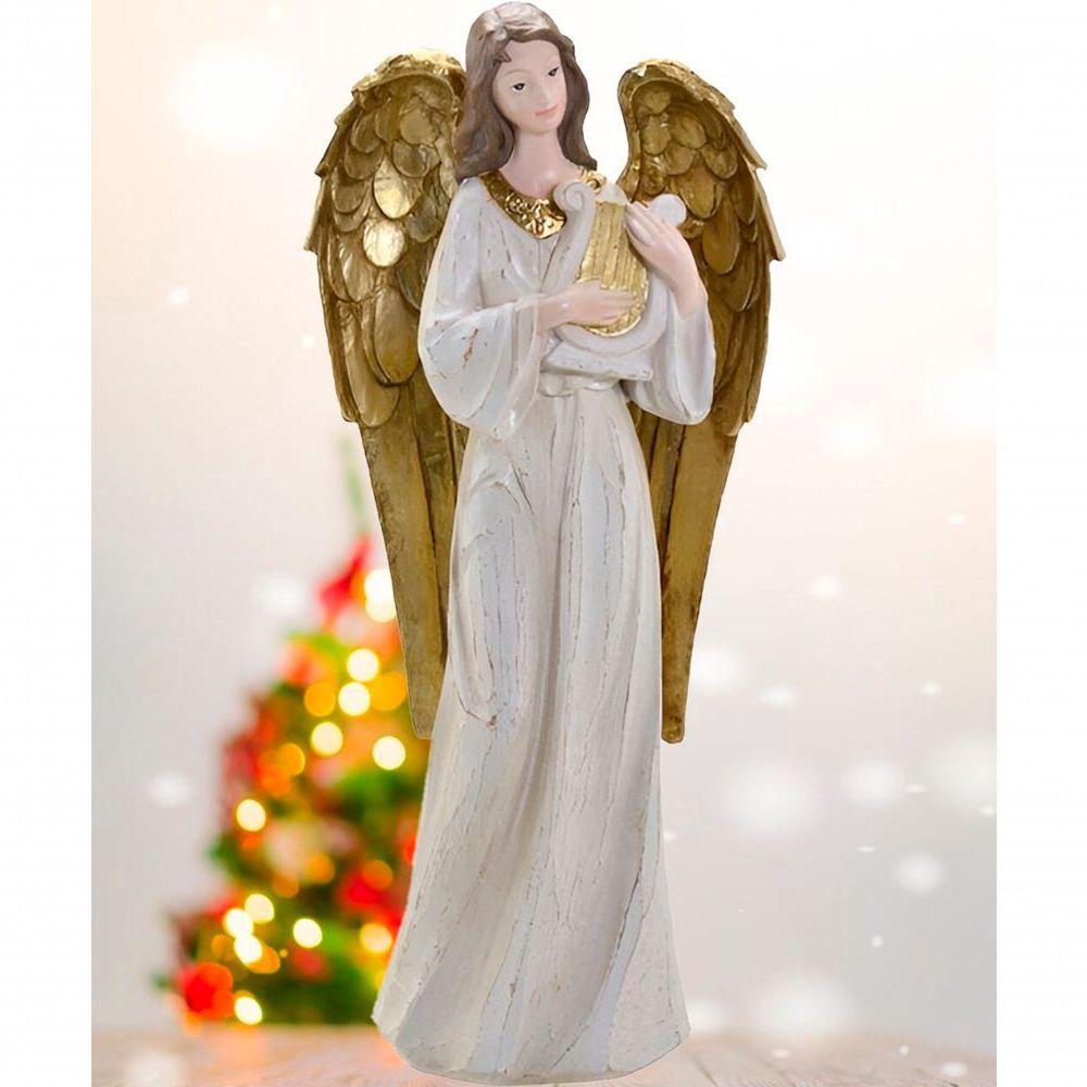 Decoração Anjo Musico Harpa Ouro Resina Natal Enfeite 38cm - 3